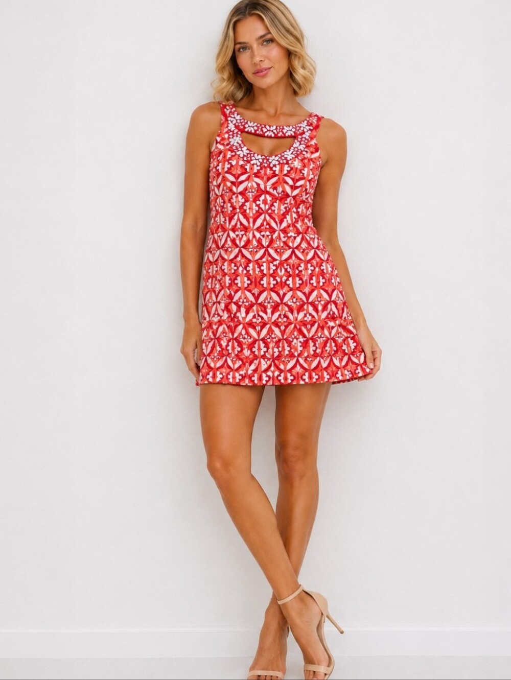 Nanette Lepore Embellished Beaded Neckline Cotton Mini Dress